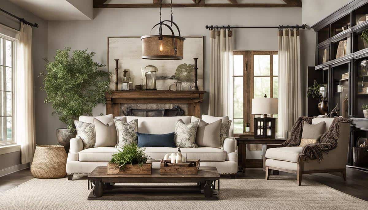 Image of a beautifully decorated farmhouse-style living room with comfortable modern furniture and rustic accents.